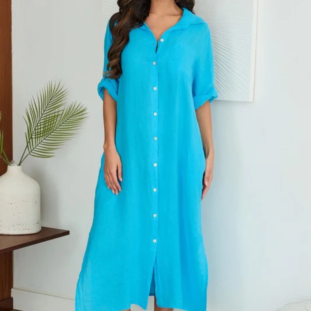 Vibrant Blue Button-Up linen Dress NWT